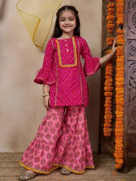 Girls Geometric Printed Flared Sleeves A-Line Kurti With Sharara Dupatta