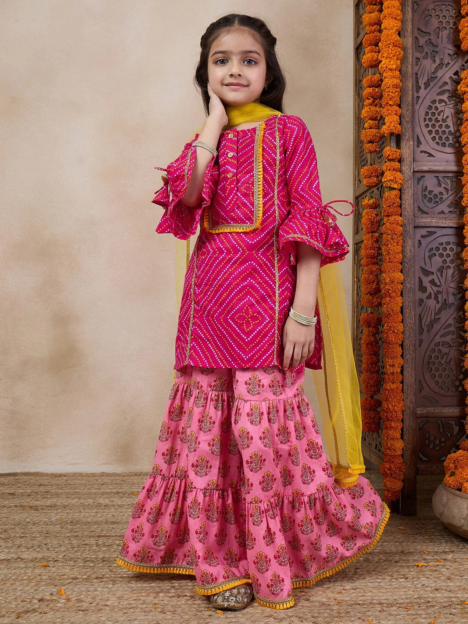 Girls Geometric Printed Flared Sleeves A-Line Kurti With Sharara Dupatta