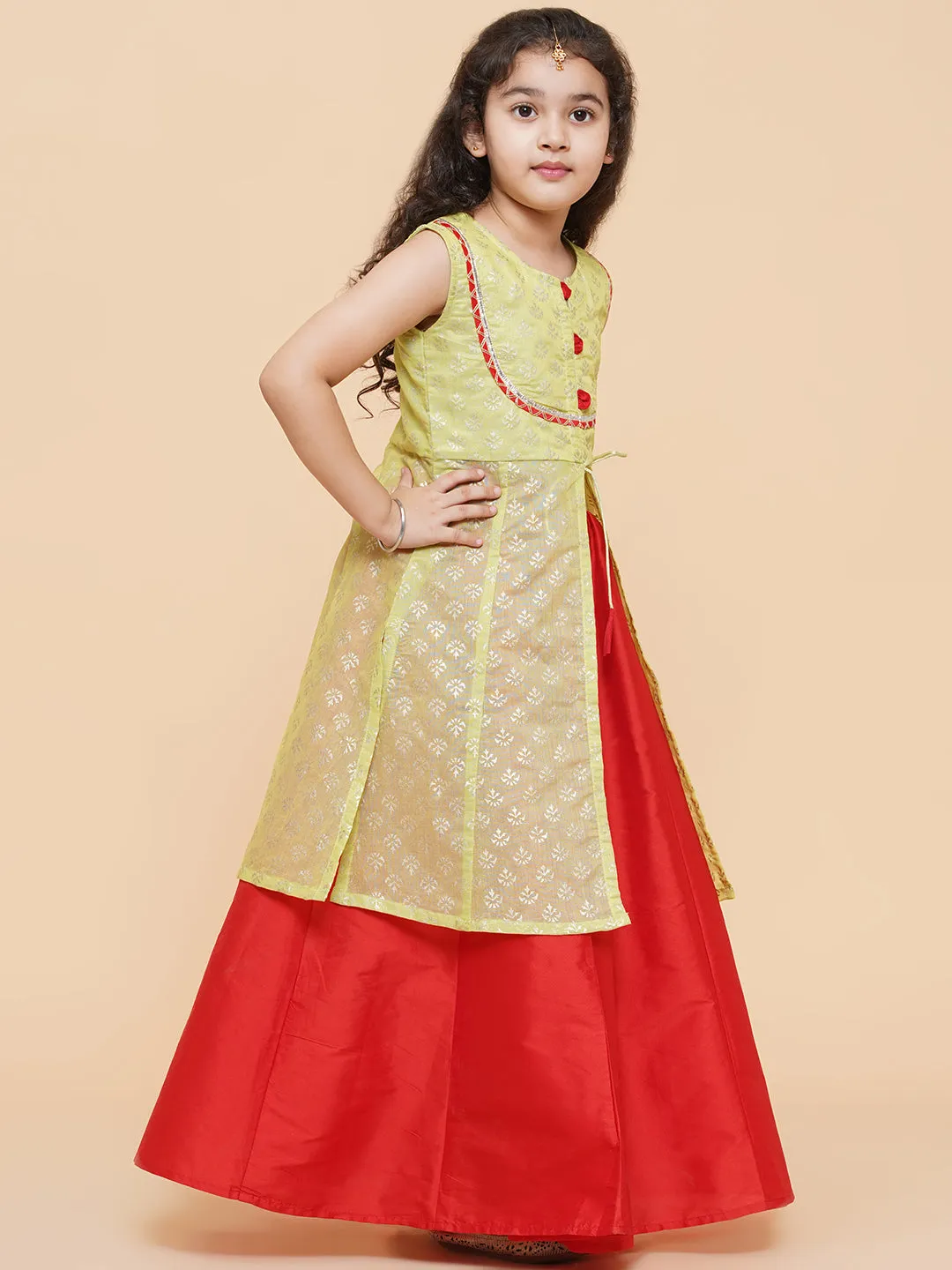 Girls Lime Green & Red Printed Foil Print Ready To Wear Lehenga & Choli