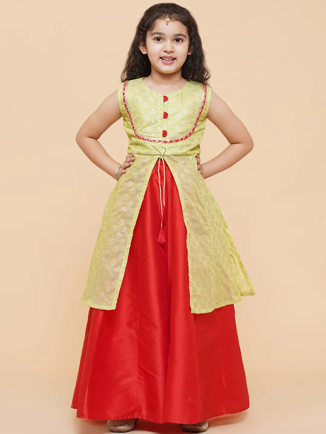 Girls Lime Green & Red Printed Foil Print Ready To Wear Lehenga & Choli