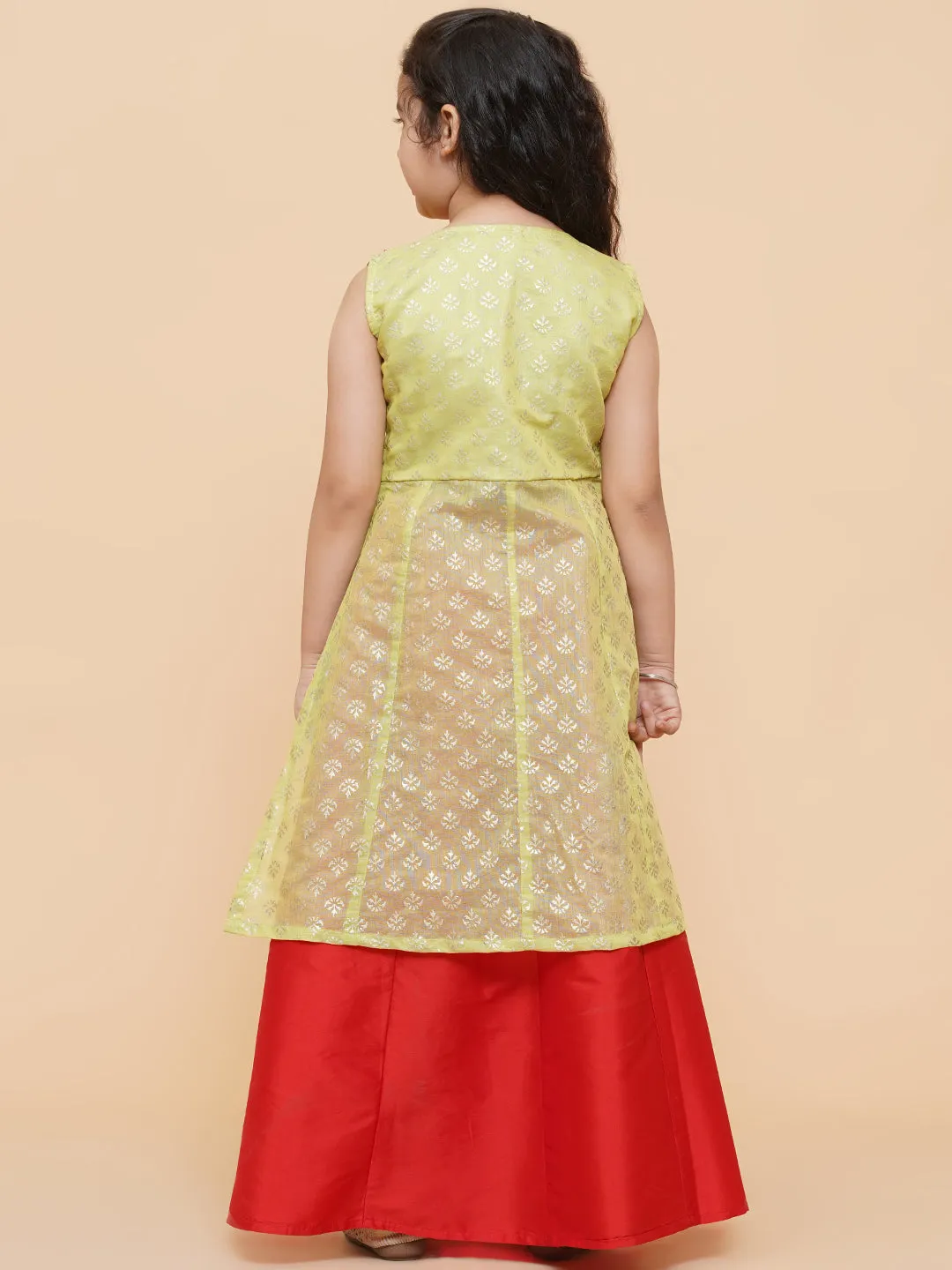 Girls Lime Green & Red Printed Foil Print Ready To Wear Lehenga & Choli