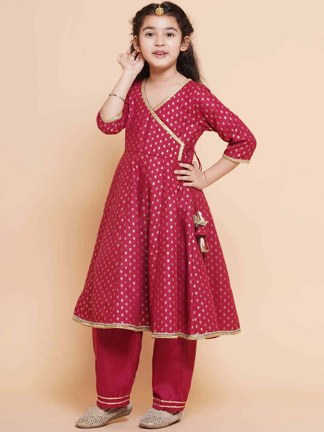 Girls Maroon Ethnic Motifs Printed Angrakha Cotton Kurta With Trouser & Dupatta