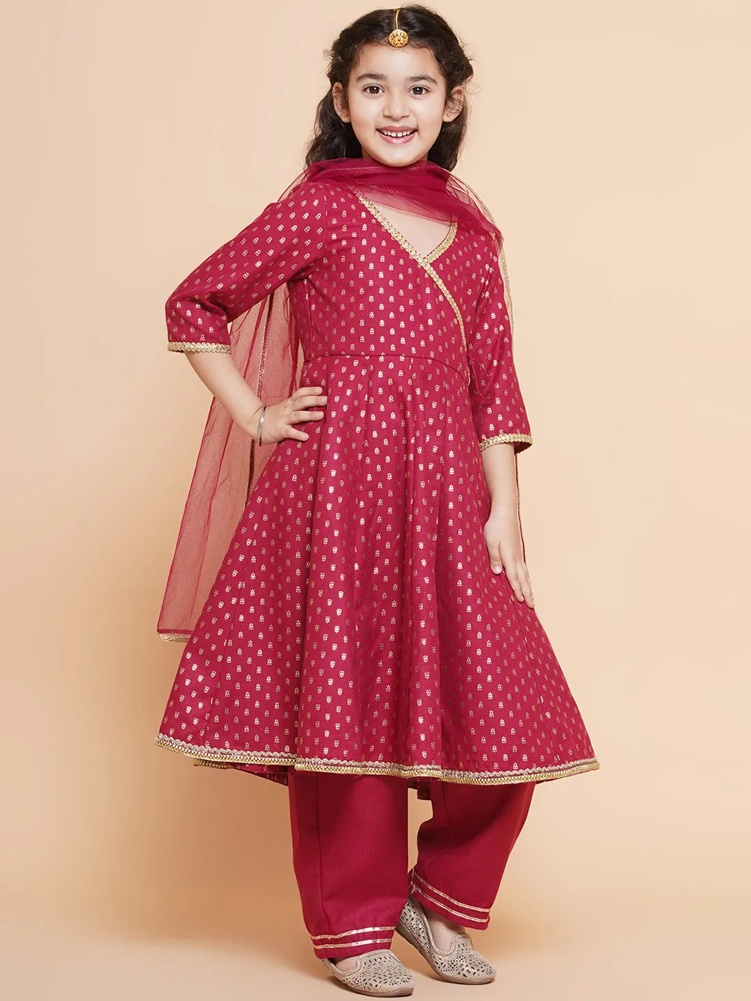 Girls Maroon Ethnic Motifs Printed Angrakha Cotton Kurta With Trouser & Dupatta