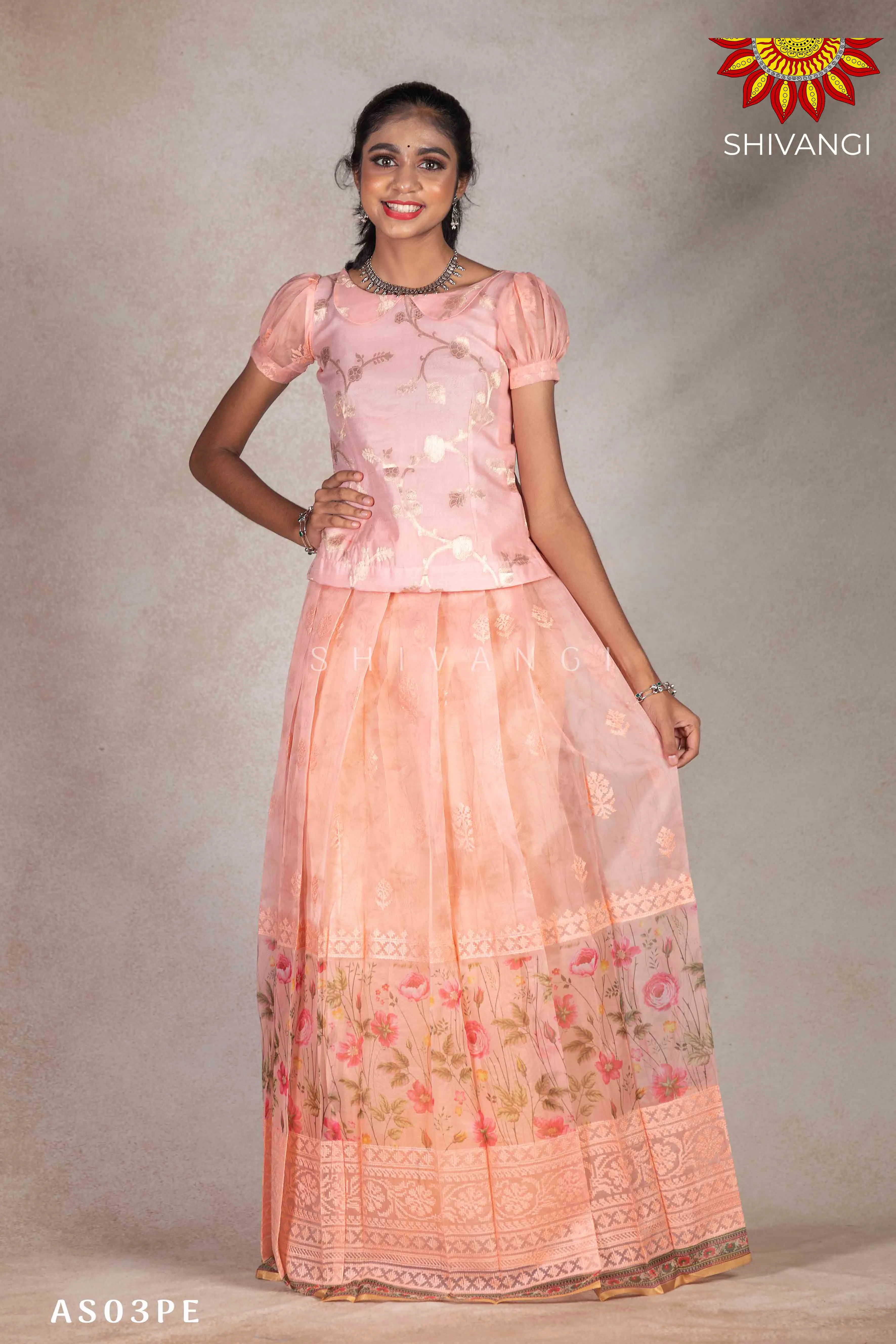 Girls Organza Rose Pattu Pavadai | Langa - Peach