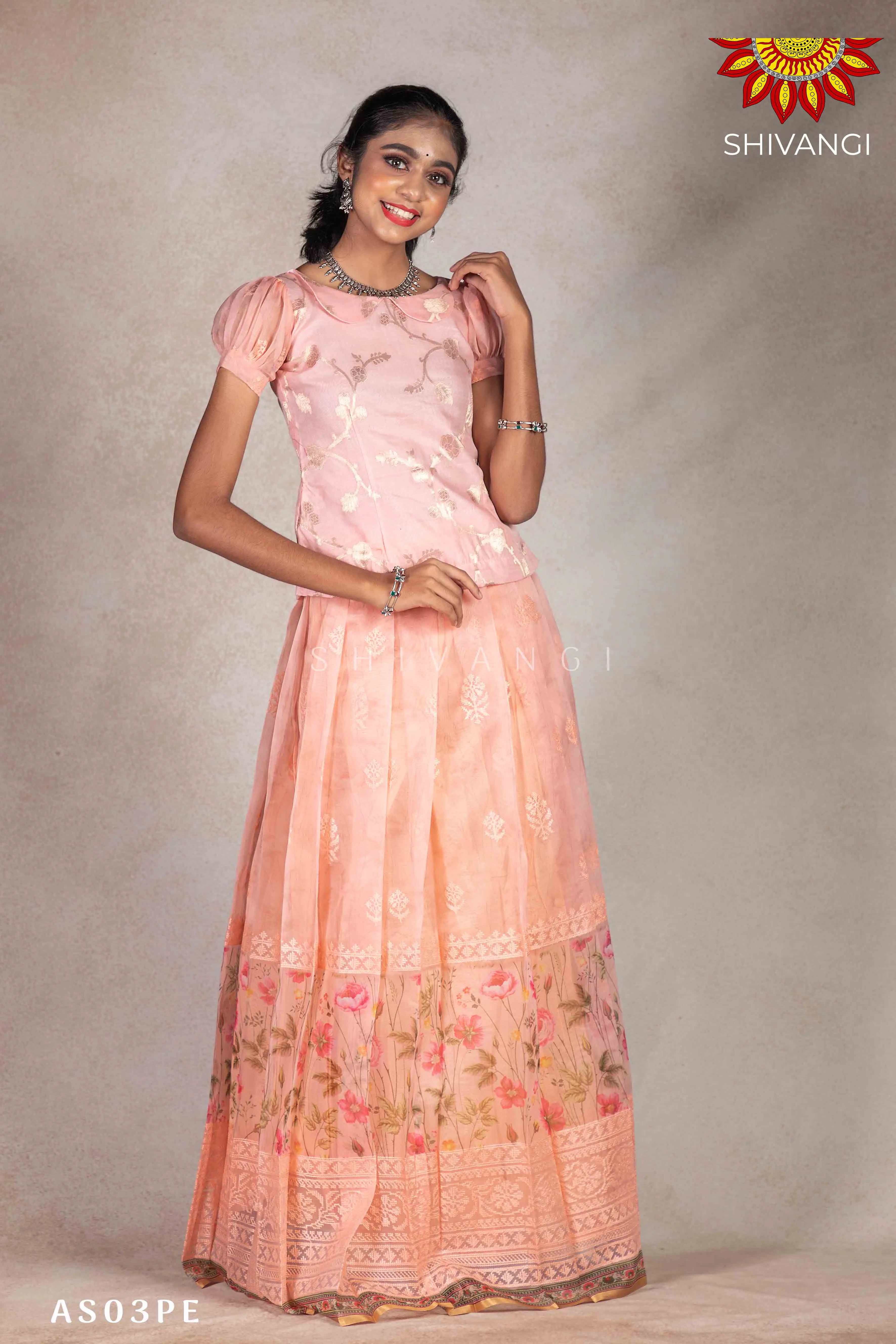 Girls Organza Rose Pattu Pavadai | Langa - Peach