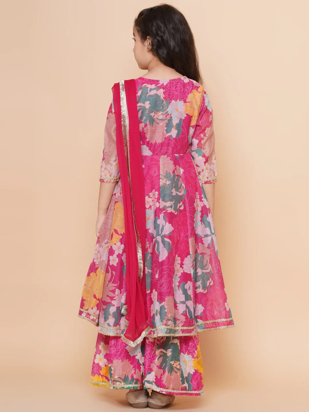 Girls Pink Floral Printed Angrakha Gotta Patti Kurta & Sharara set  With Dupatta