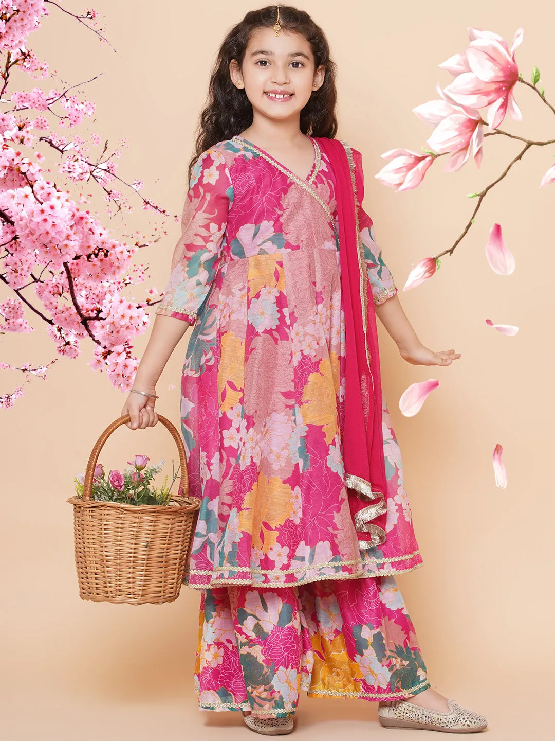 Girls Pink Floral Printed Angrakha Gotta Patti Kurta & Sharara set  With Dupatta