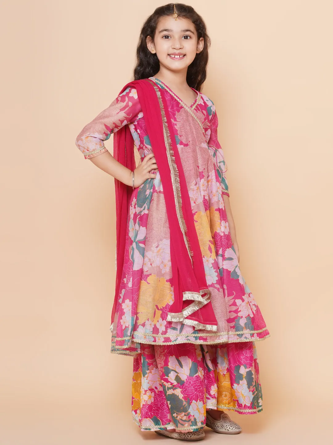 Girls Pink Floral Printed Angrakha Gotta Patti Kurta & Sharara set  With Dupatta