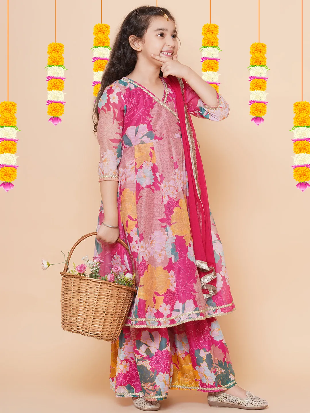 Girls Pink Floral Printed Angrakha Gotta Patti Kurta & Sharara set  With Dupatta