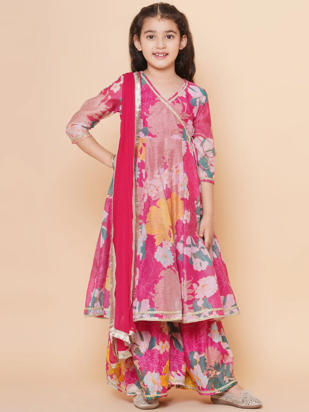 Girls Pink Floral Printed Angrakha Gotta Patti Kurta & Sharara set  With Dupatta