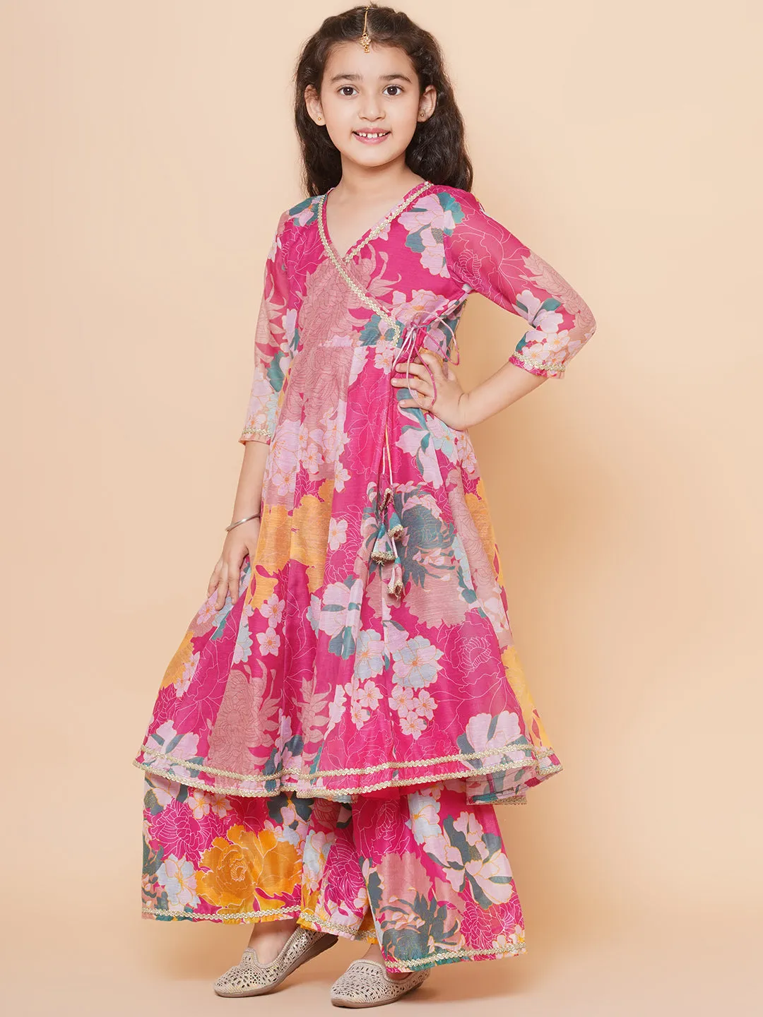 Girls Pink Floral Printed Angrakha Gotta Patti Kurta & Sharara set  With Dupatta