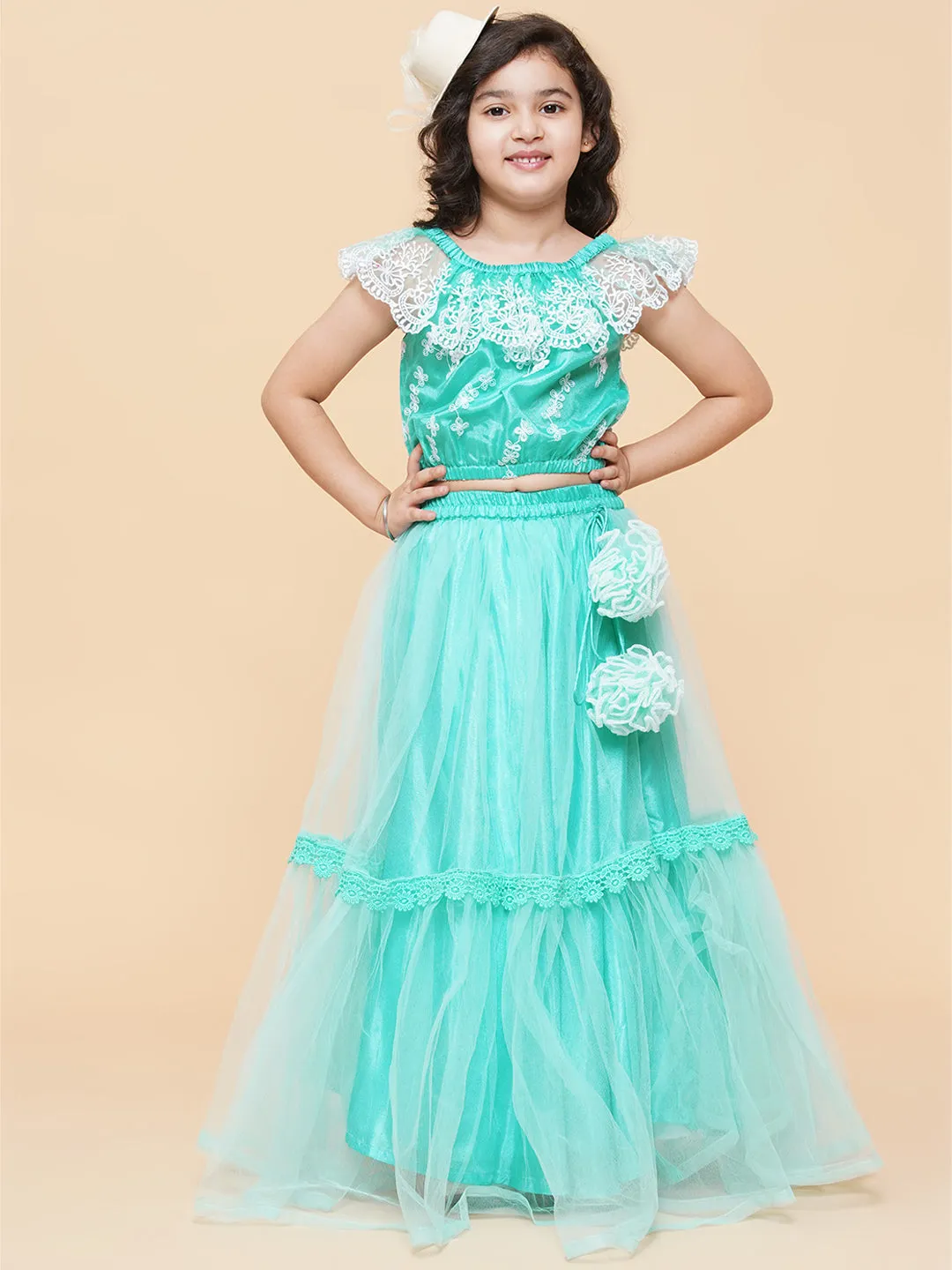 Girls Sea Green & White Embroidered Ready To Wear Lehenga Chol