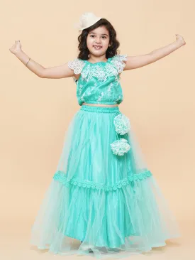 Girls Sea Green & White Embroidered Ready To Wear Lehenga Chol