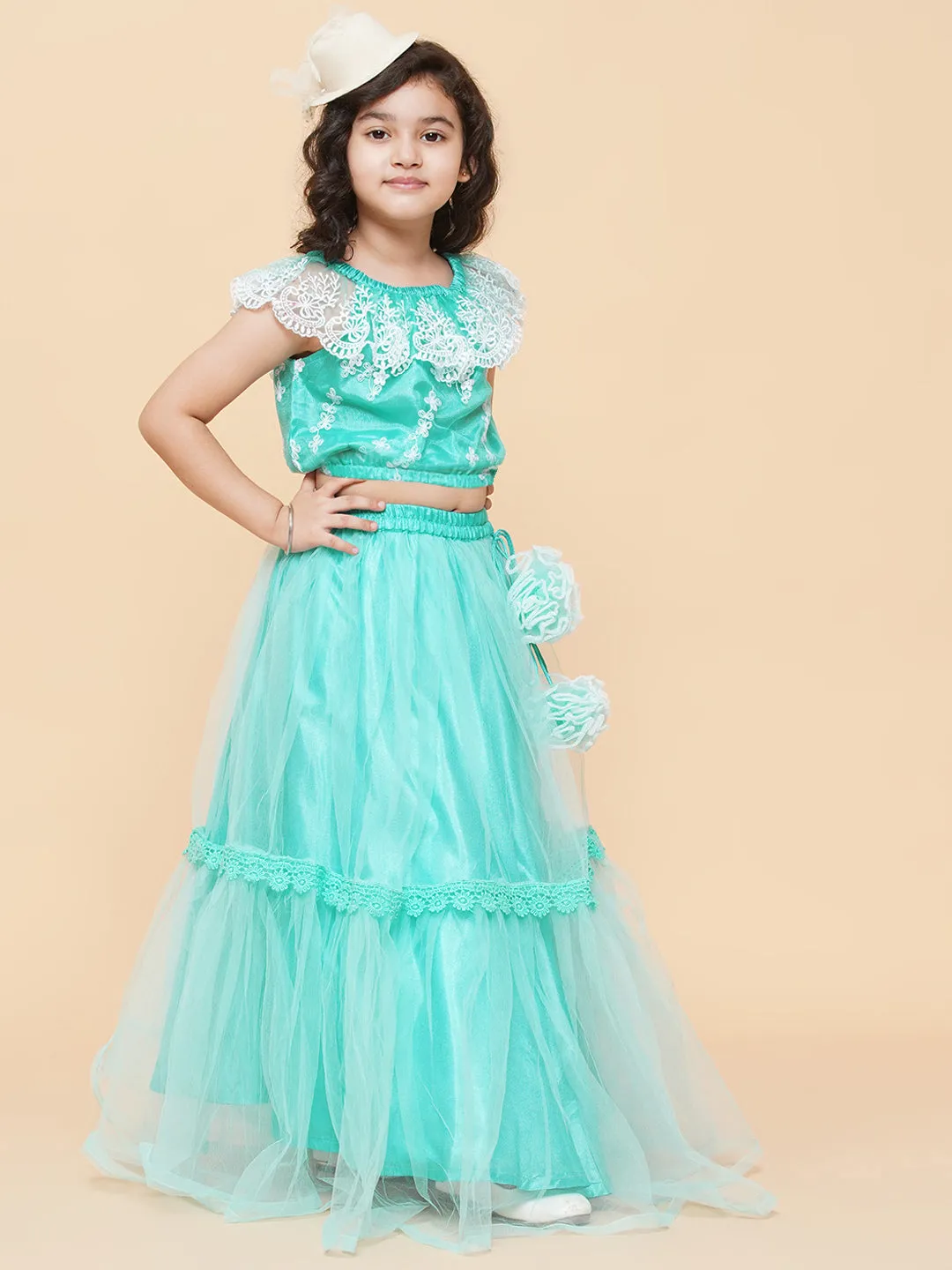 Girls Sea Green & White Embroidered Ready To Wear Lehenga Chol