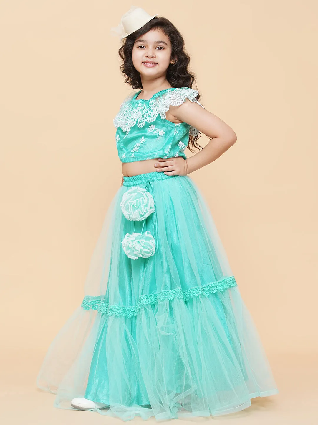 Girls Sea Green & White Embroidered Ready To Wear Lehenga Chol