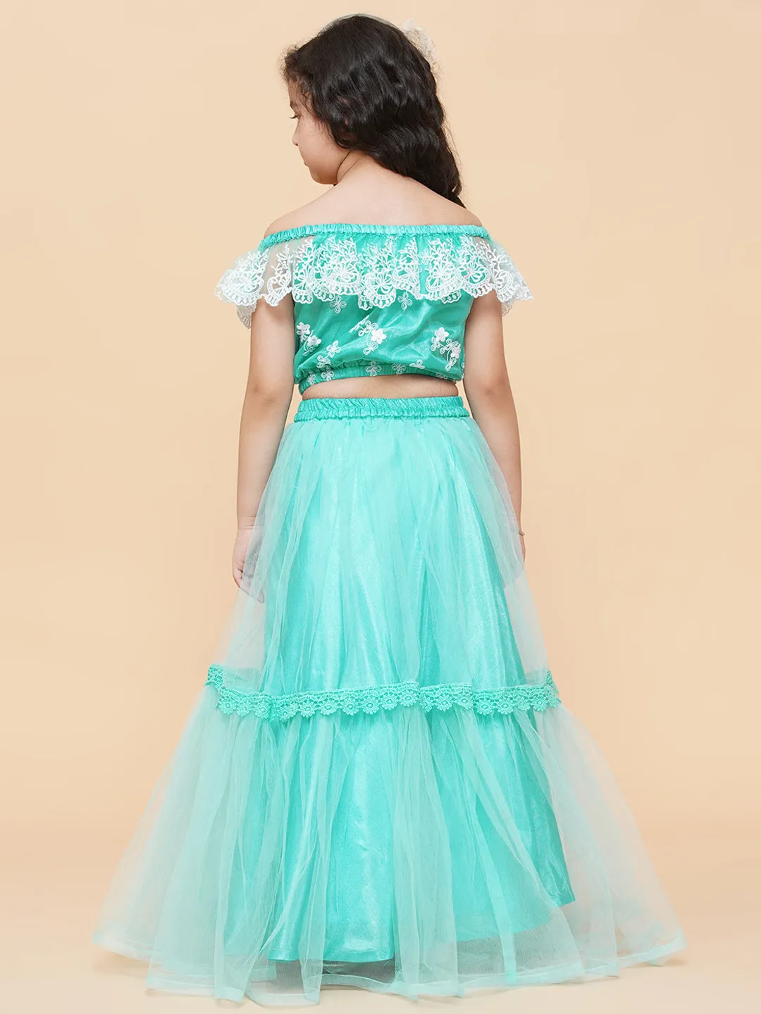 Girls Sea Green & White Embroidered Ready To Wear Lehenga Chol