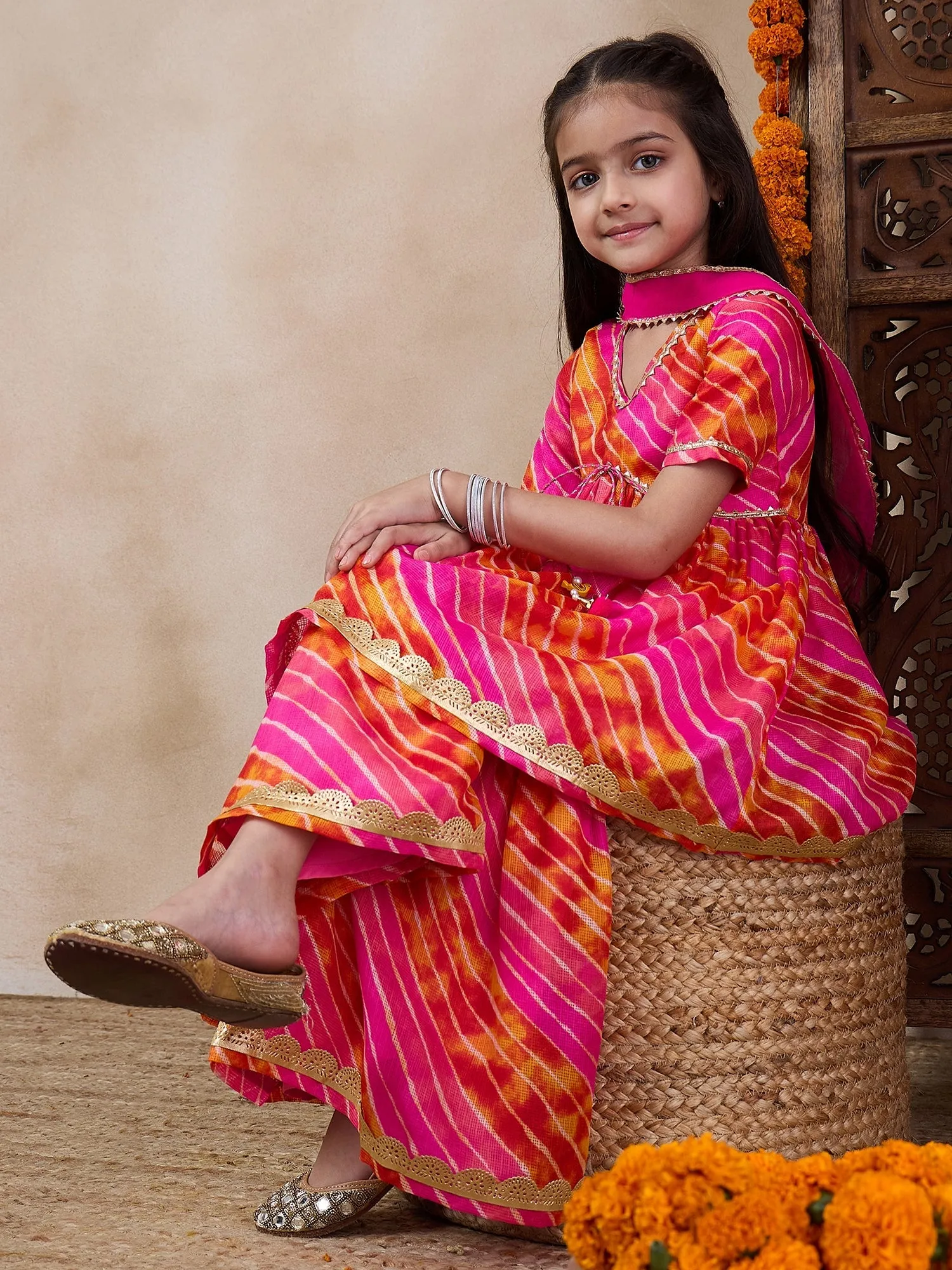 Girls Striped Gotta Patti A-Line Empire Kurti With Sharara Dupatta