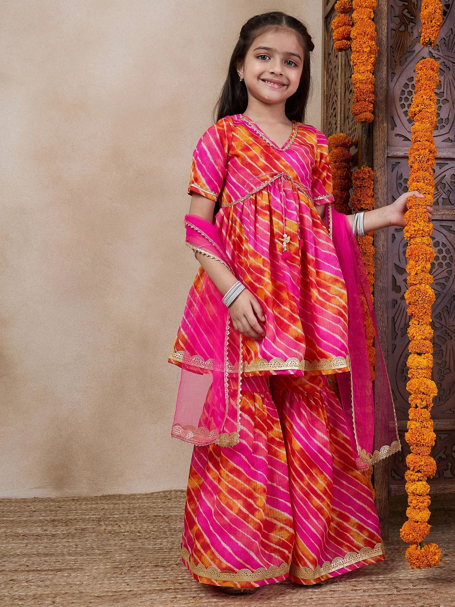 Girls Striped Gotta Patti A-Line Empire Kurti With Sharara Dupatta