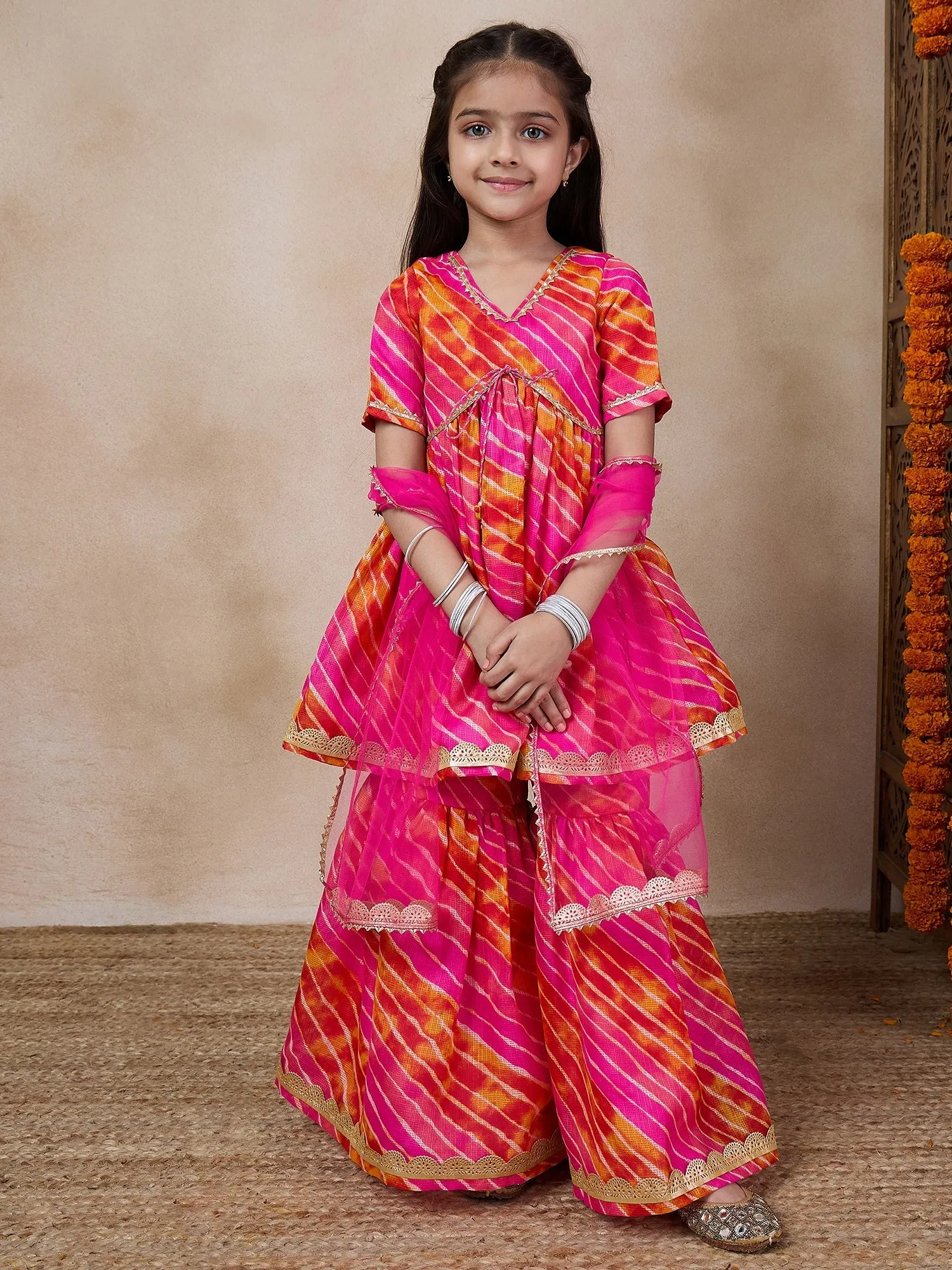 Girls Striped Gotta Patti A-Line Empire Kurti With Sharara Dupatta