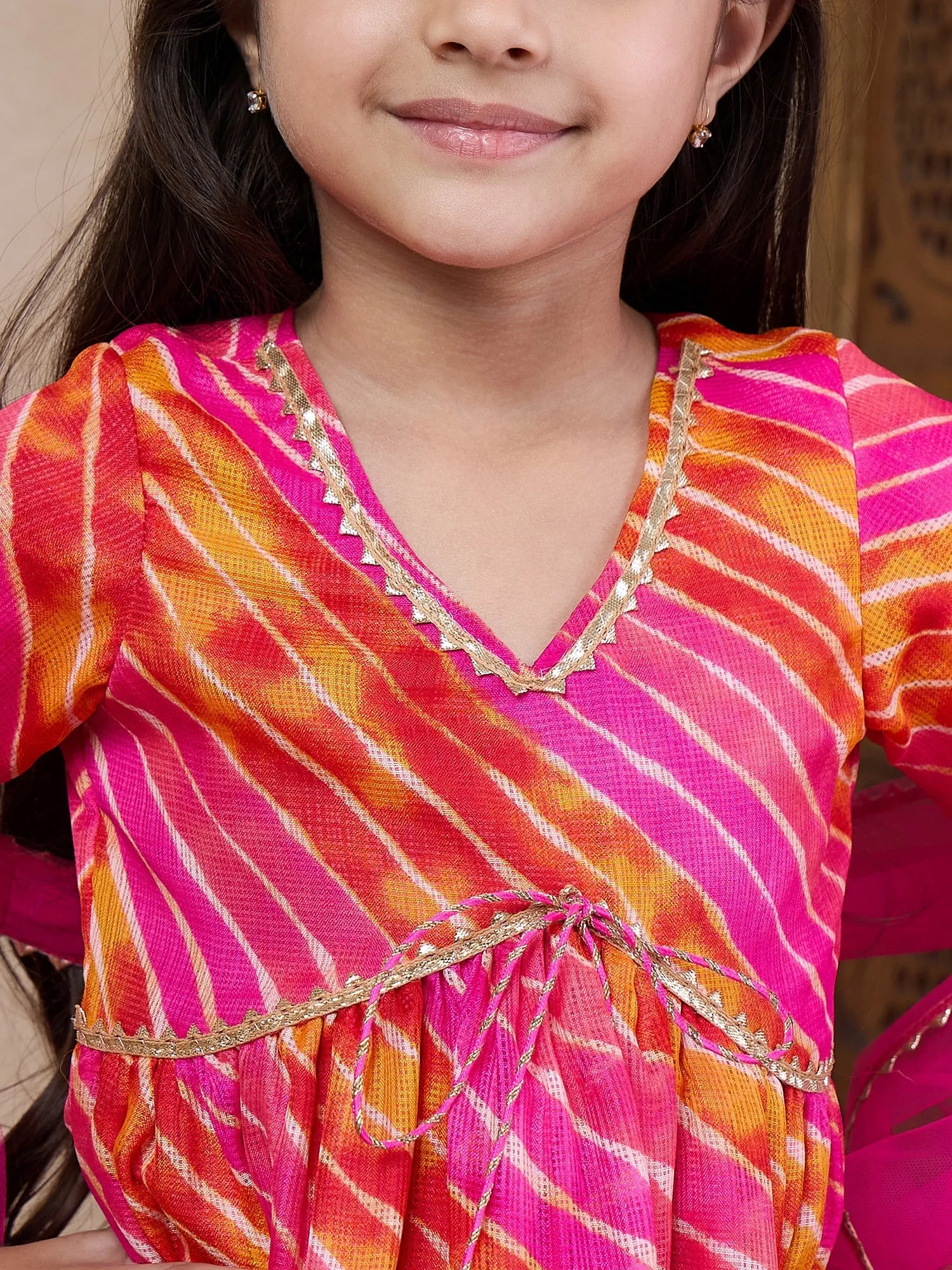 Girls Striped Gotta Patti A-Line Empire Kurti With Sharara Dupatta