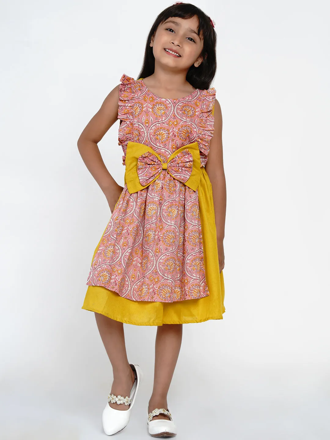 Girls Yellow & Pink Floral Printed Cotton Layered Fit and Flare Dress