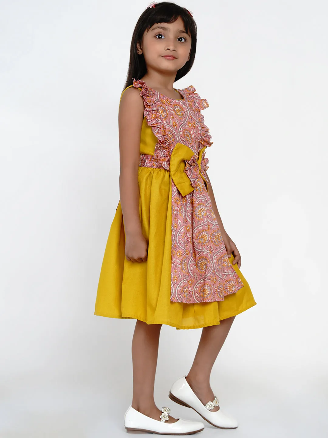 Girls Yellow & Pink Floral Printed Cotton Layered Fit and Flare Dress