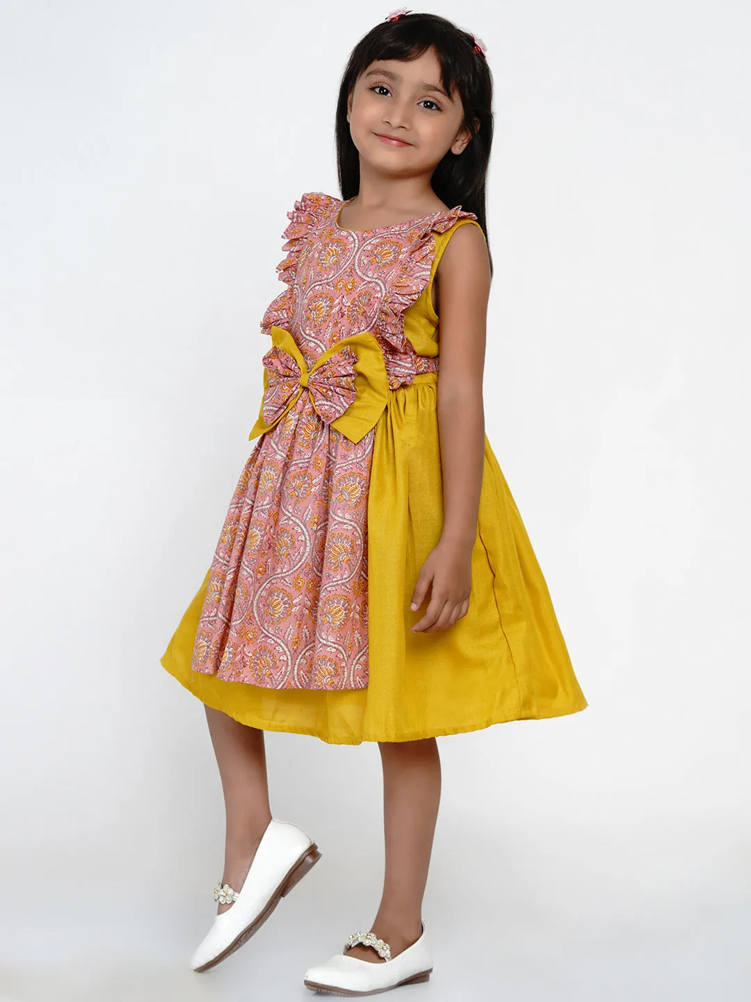 Girls Yellow & Pink Floral Printed Cotton Layered Fit and Flare Dress