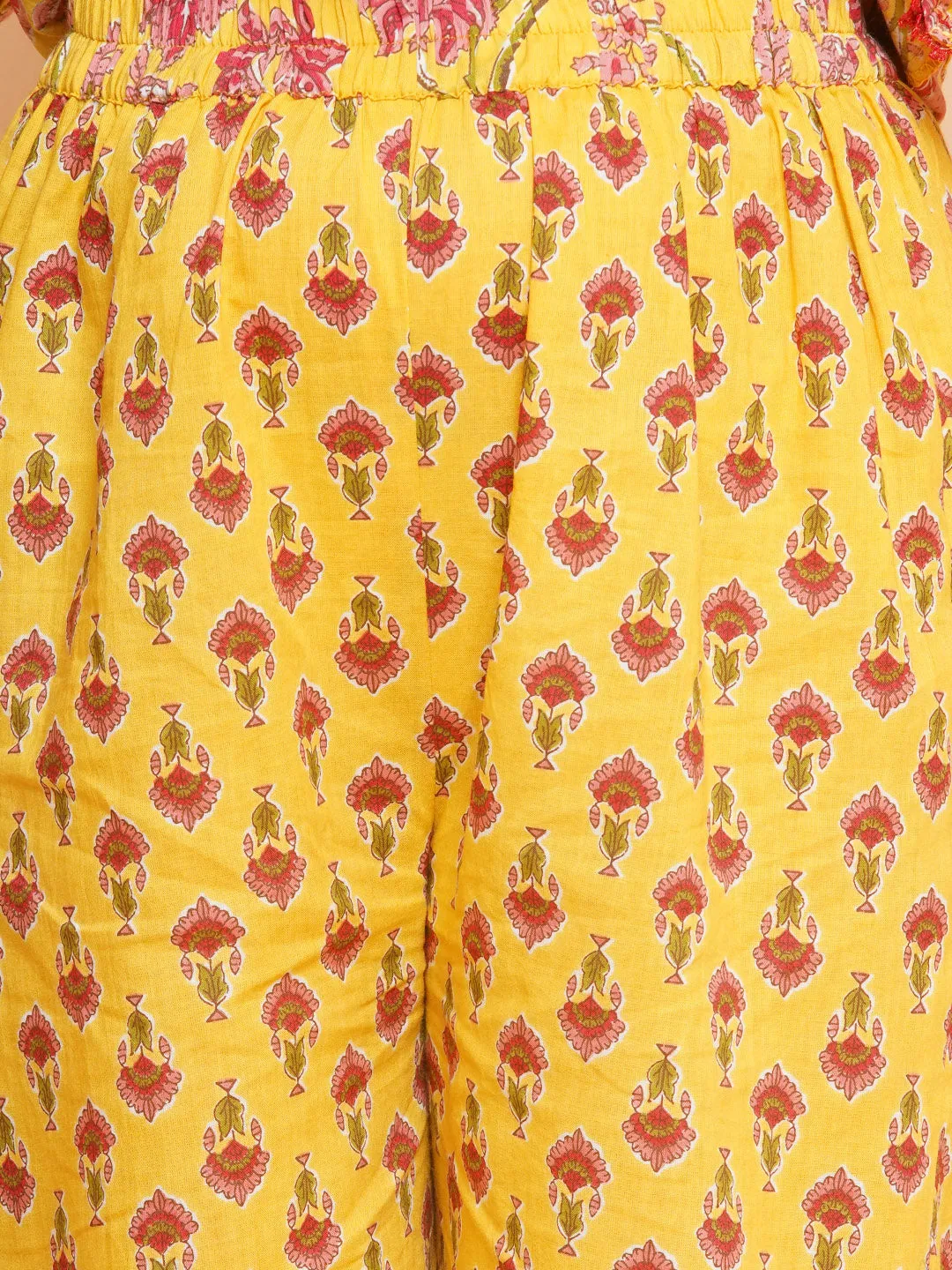 Girls Yellow Printed V- Neck Kurta with Sharara