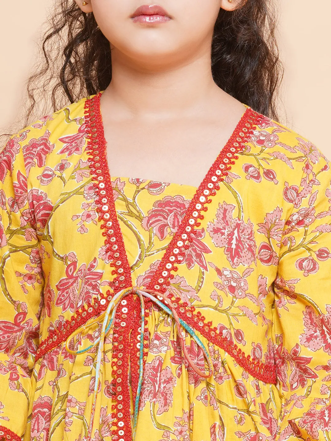 Girls Yellow Printed V- Neck Kurta with Sharara