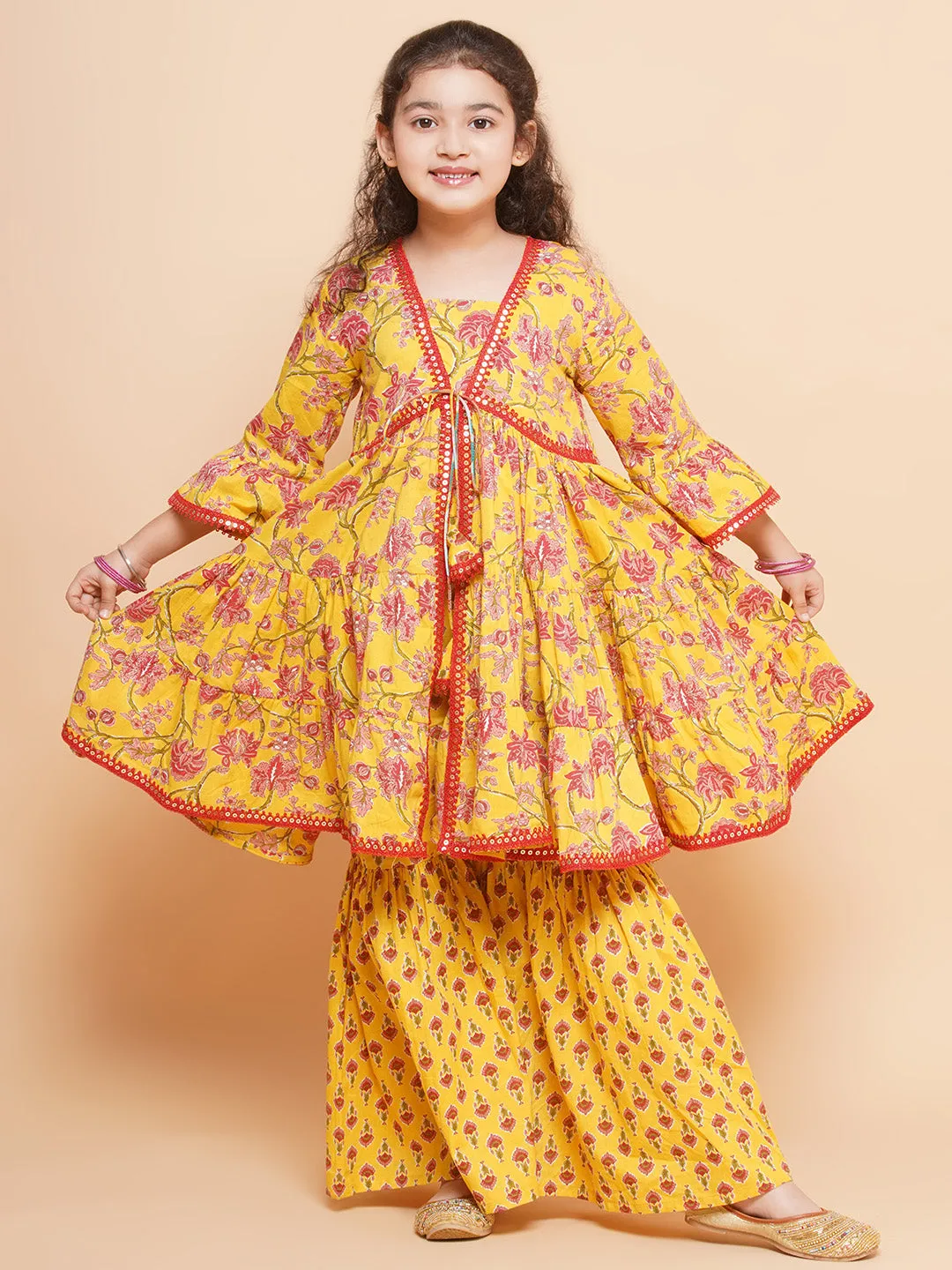 Girls Yellow Printed V- Neck Kurta with Sharara