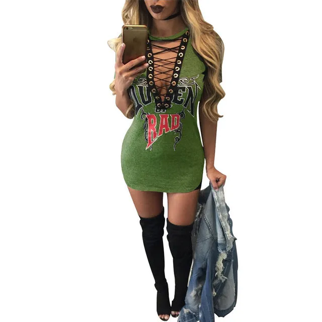 GOKIC Letter Print Sexy Short Dress Summer T Shirt Dress 2017 Women V Neck Lace Up Bodycon Bandage Party Dresses Vestidos