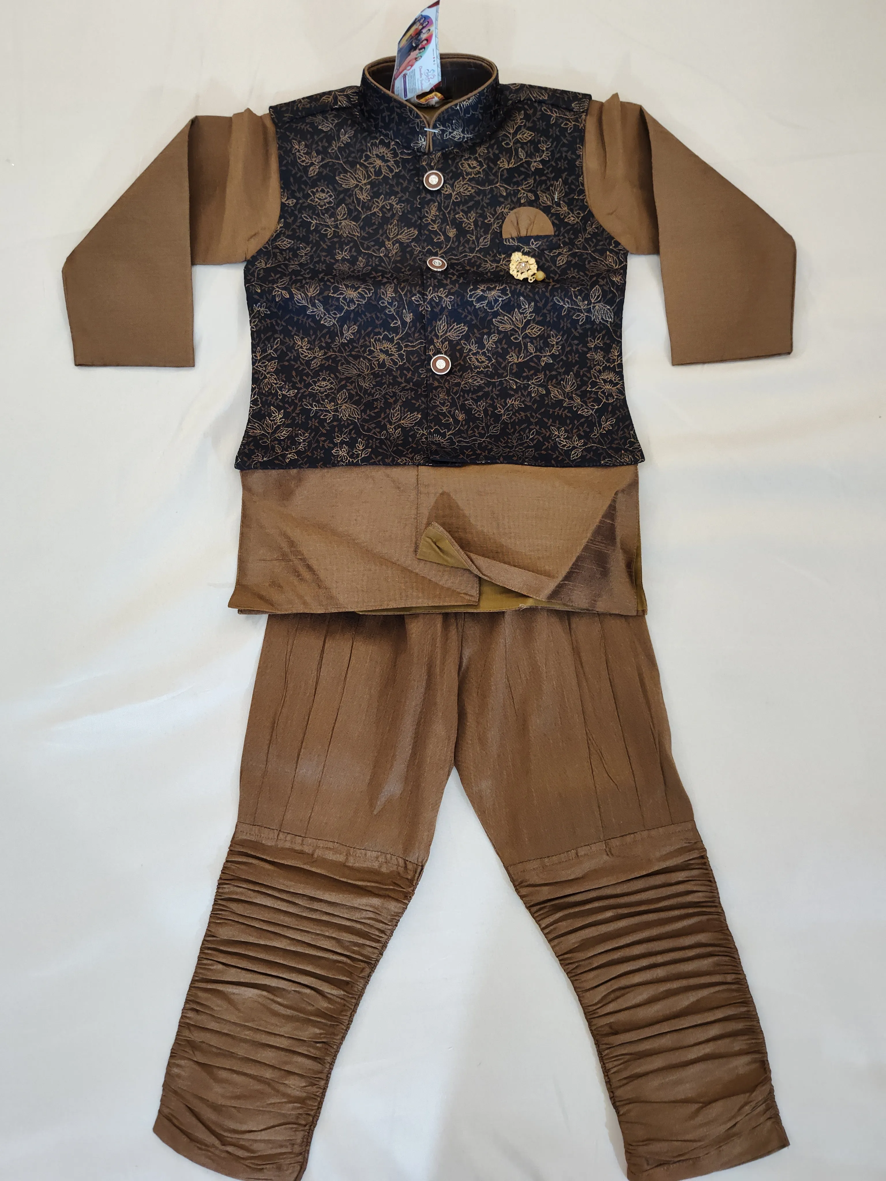 Gorgeous Brown Color Boys Silk Cotton Kurta Pajama Pant And Blue Dhoti Style Pant