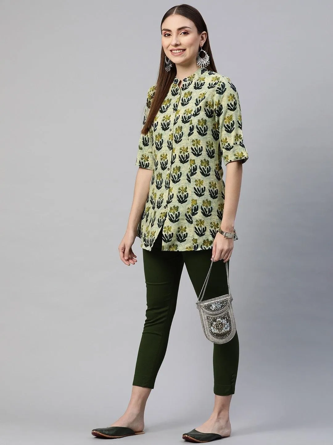 Green Blue Floral Rayon A-Line Shirt Style Top