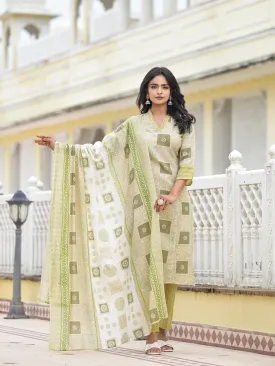 Green Floral Printed Cotton Kurta Pant With Dupatta Set With Thread Work & Sequins