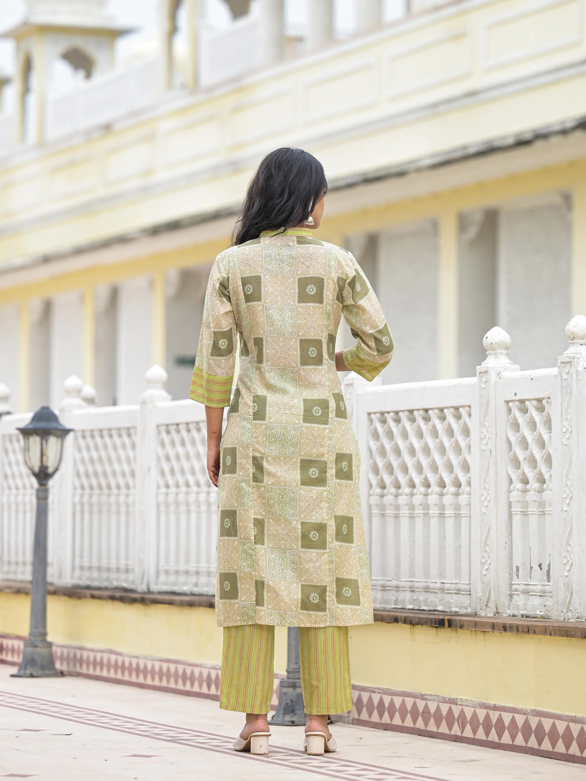 Green Floral Printed Cotton Kurta Pant With Dupatta Set With Thread Work & Sequins