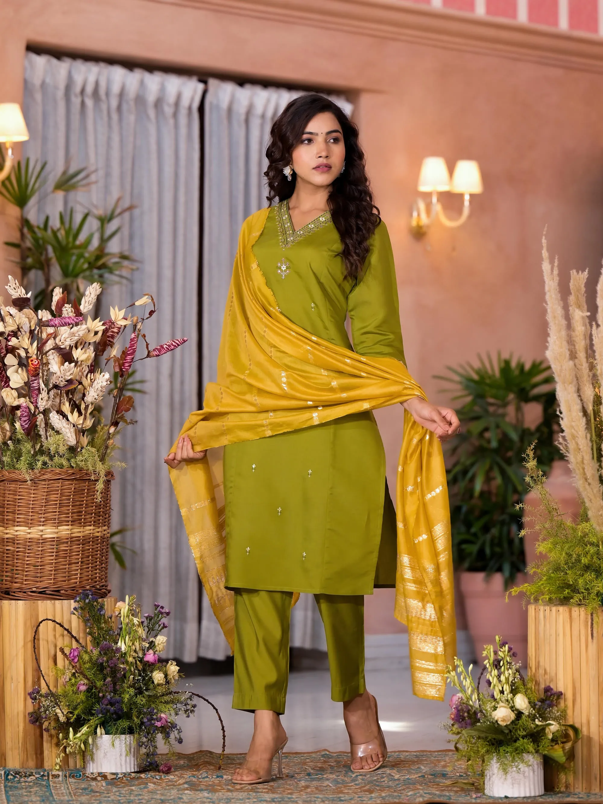 Green Zari  & Thread Work Embroidered Viscose Kurta Pant And Dupatta Set