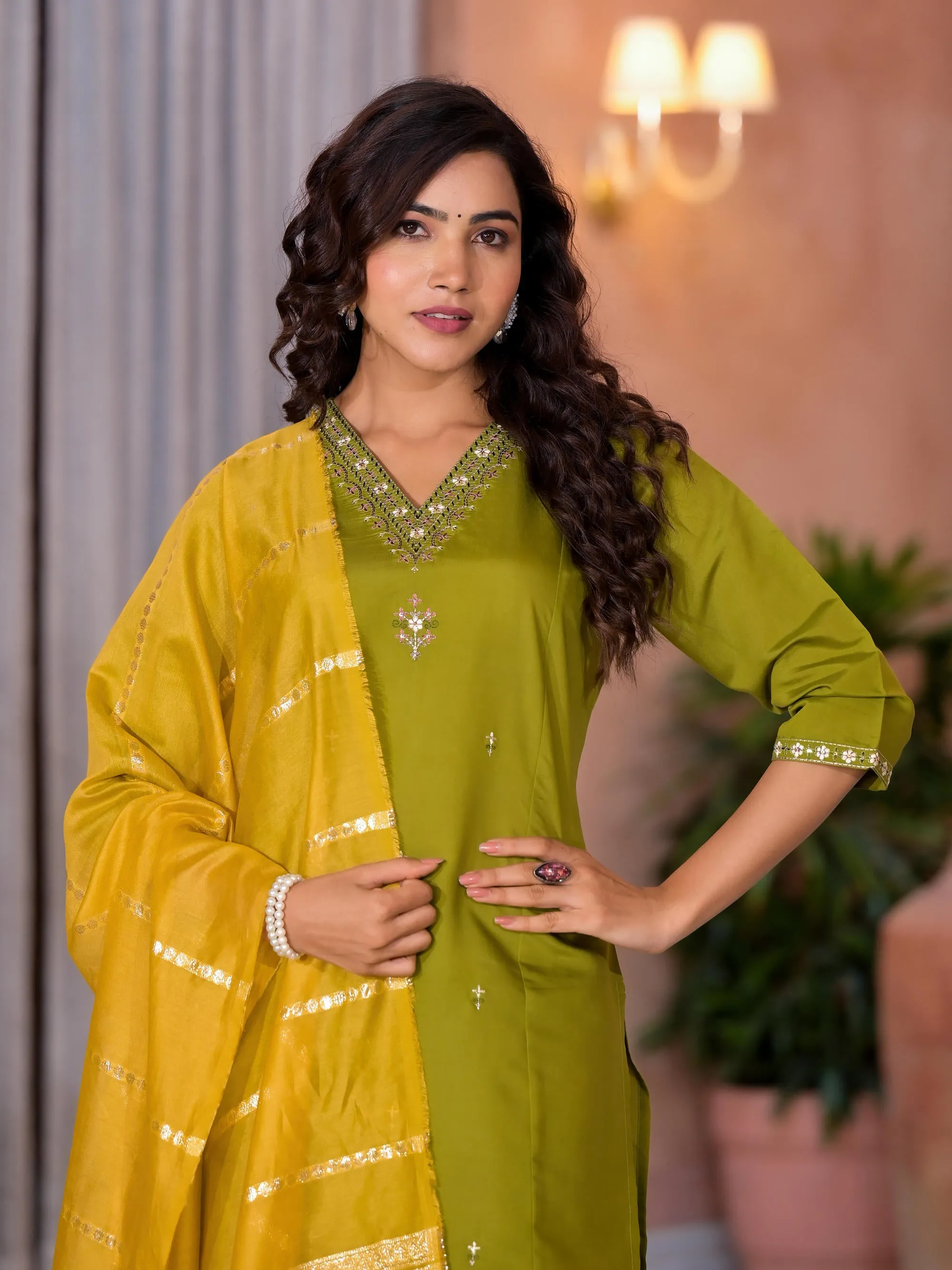 Green Zari  & Thread Work Embroidered Viscose Kurta Pant And Dupatta Set