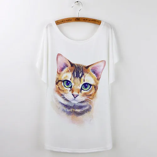 Harajuku Cute Cat T-Shirts Women T shirt 2017 Summer Ladies Tops White Animal Print Tees Batwing Sleeve O-neck Camisetas Mujer