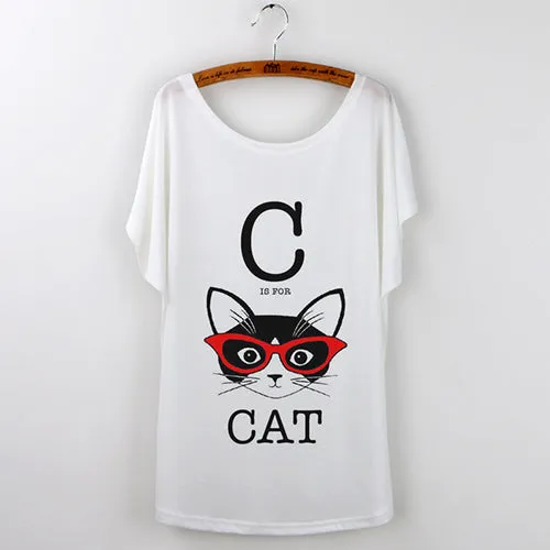 Harajuku Cute Cat T-Shirts Women T shirt 2017 Summer Ladies Tops White Animal Print Tees Batwing Sleeve O-neck Camisetas Mujer