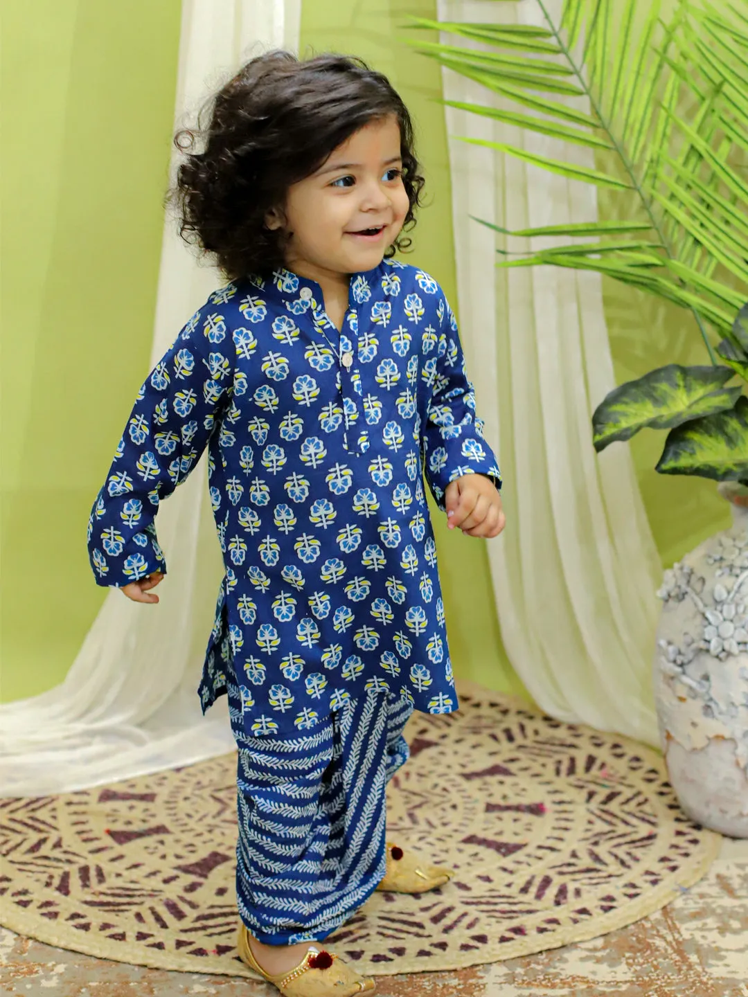 Infant Full Sleeve Pure Cotton Dhoti Kurta for baby Boys- Indigo