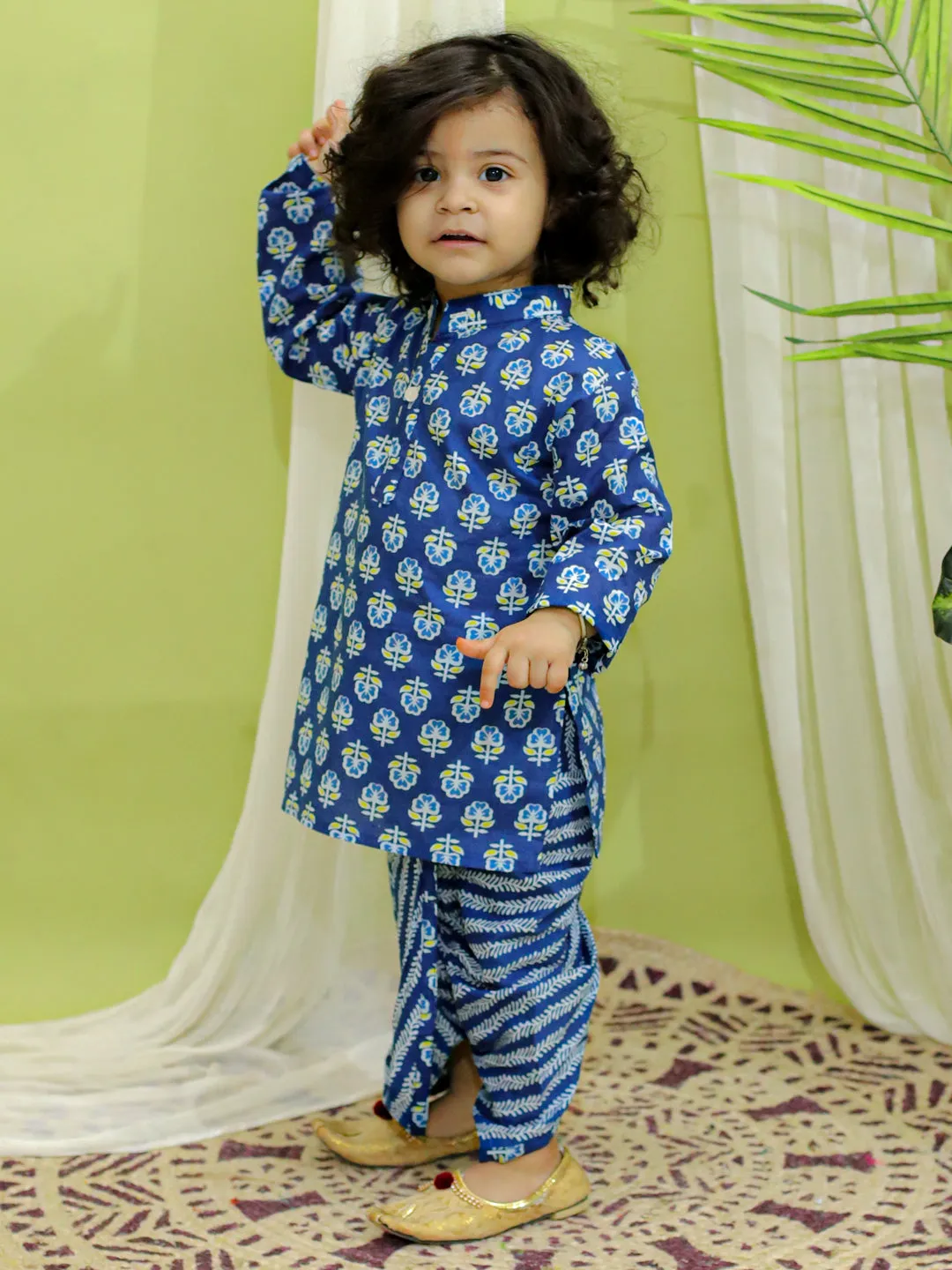 Infant Full Sleeve Pure Cotton Dhoti Kurta for baby Boys- Indigo