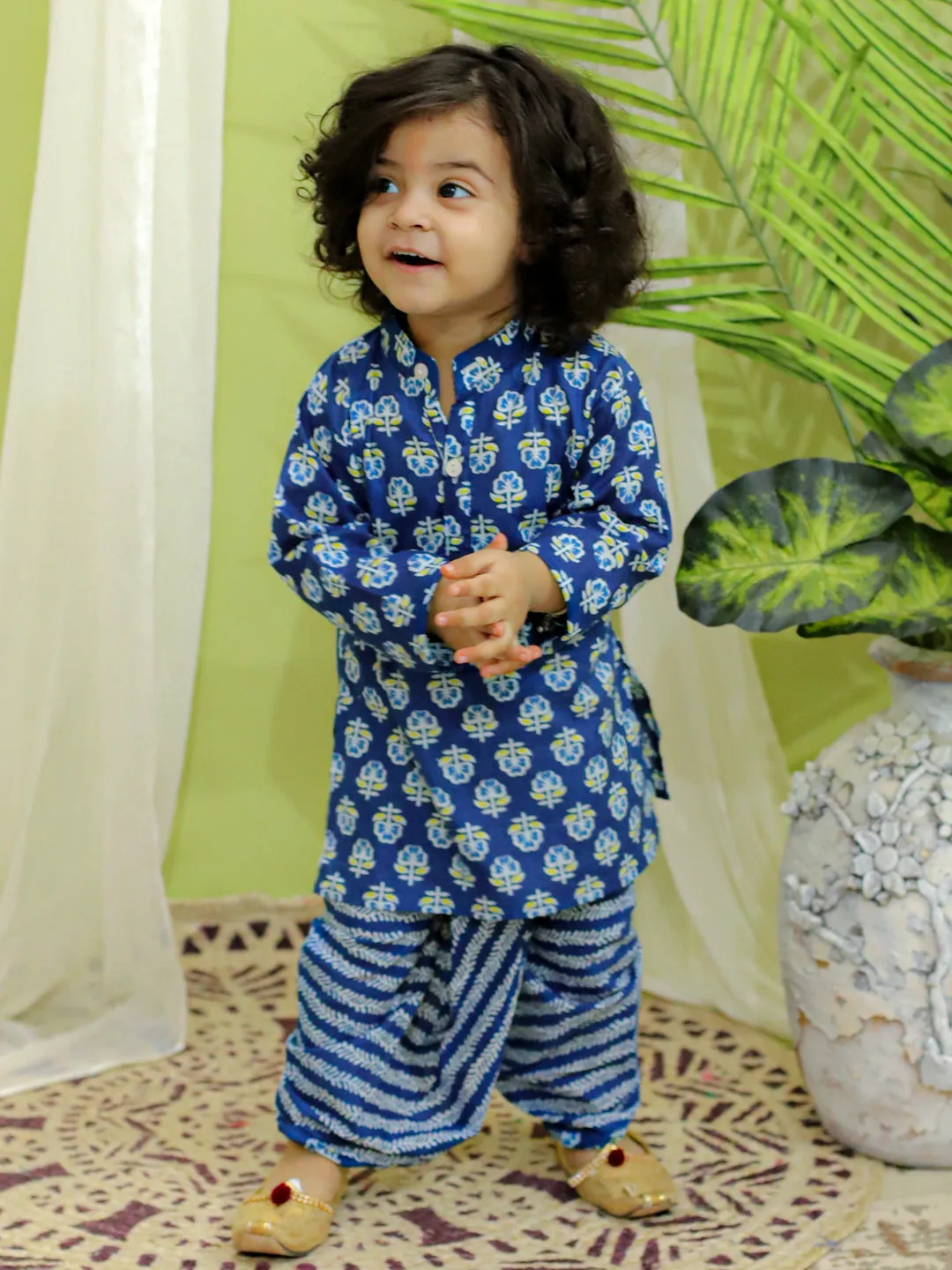 Infant Full Sleeve Pure Cotton Dhoti Kurta for baby Boys- Indigo