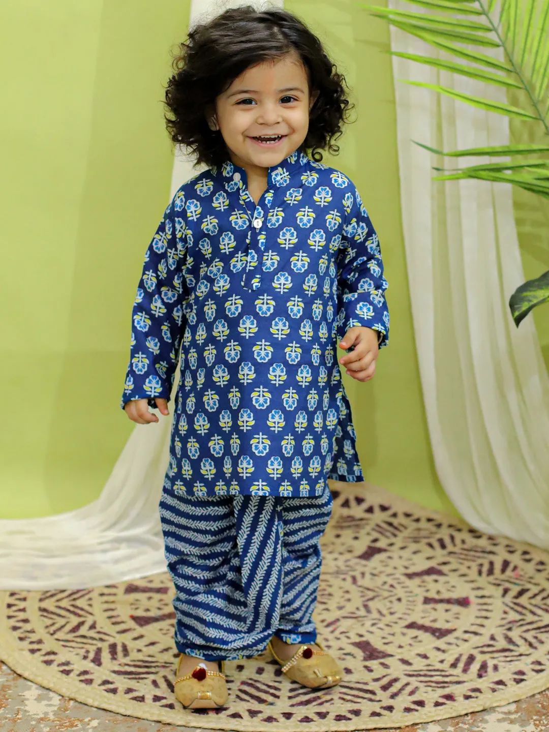 Infant Full Sleeve Pure Cotton Dhoti Kurta for baby Boys- Indigo