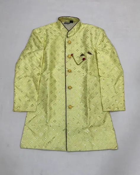 Lovely Light Yellow Colored Silk Cotton Kurta With Pajama Pant Sets For Boys