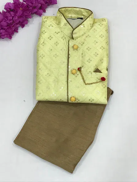 Lovely Light Yellow Colored Silk Cotton Kurta With Pajama Pant Sets For Boys