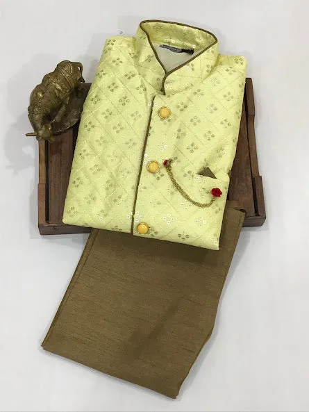 Lovely Light Yellow Colored Silk Cotton Kurta With Pajama Pant Sets For Boys