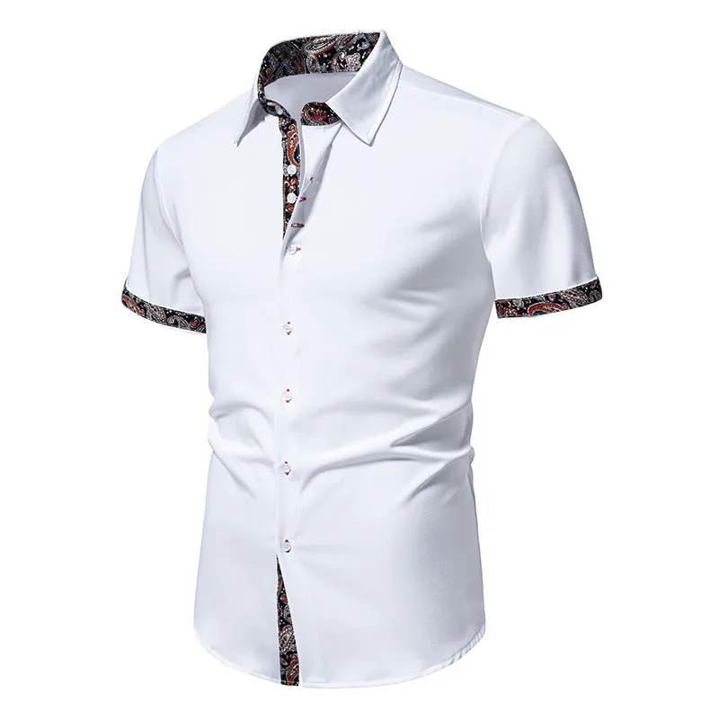 Men Floral Fabric Turnover Collar Short Sleeves Shirt