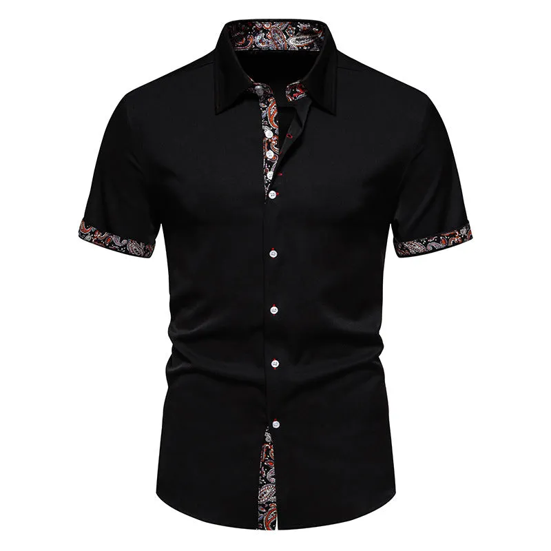 Men Floral Fabric Turnover Collar Short Sleeves Shirt