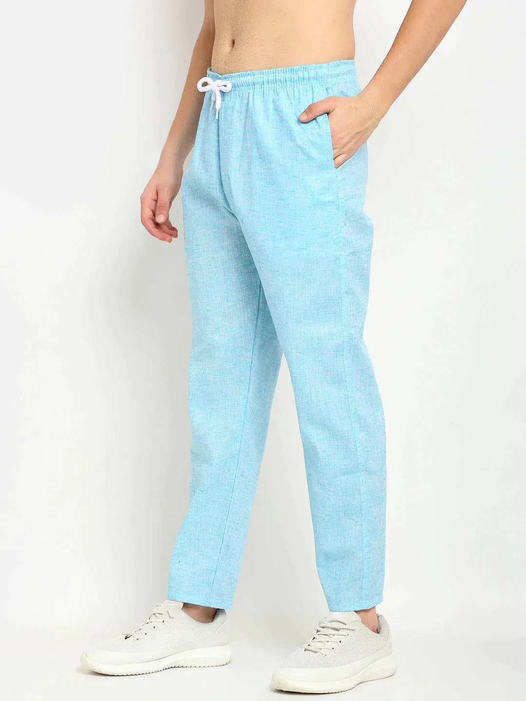 Men'S Blue Linen Cotton Track Pants