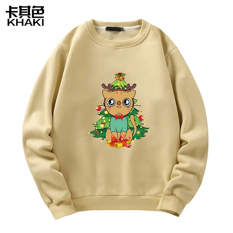 Men's Christmas Cat Print Crew Neck Sweatshirt